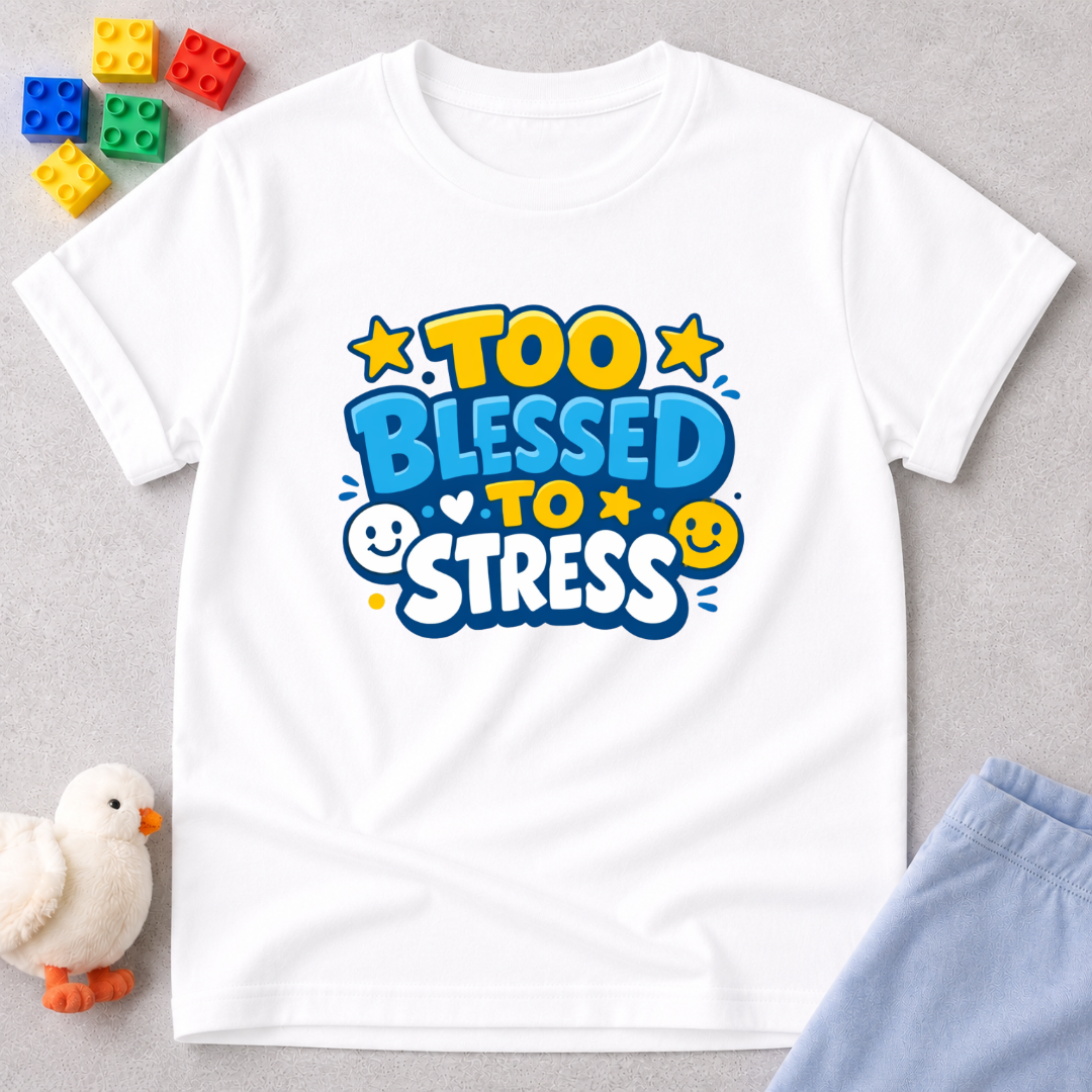 Too Blessed To Stress Christian kids shirt in White featuring colorful faith-inspired typography design