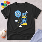 Trust God And Be Free Christian kids shirt in Black featuring balloon artwork and faith message