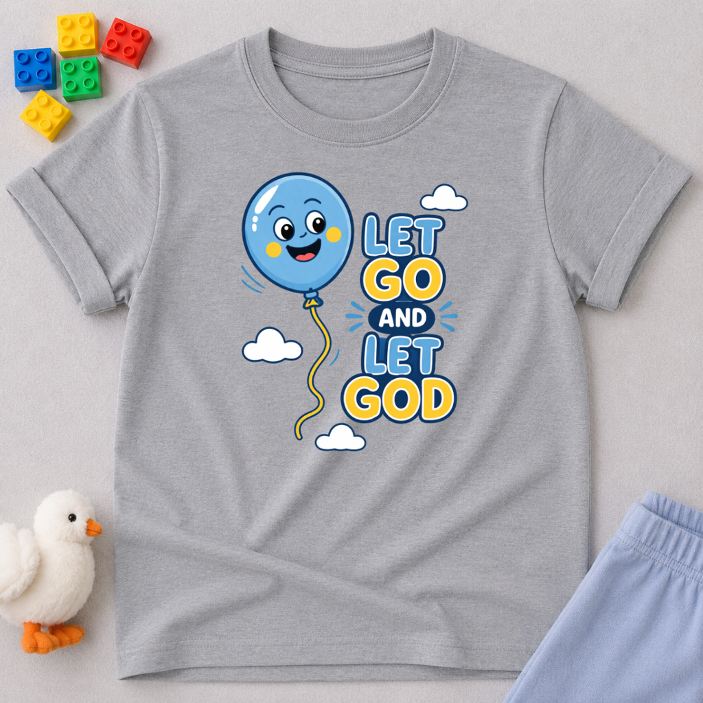 Trust God And Be Free Christian kids shirt in Gray featuring balloon artwork and faith message