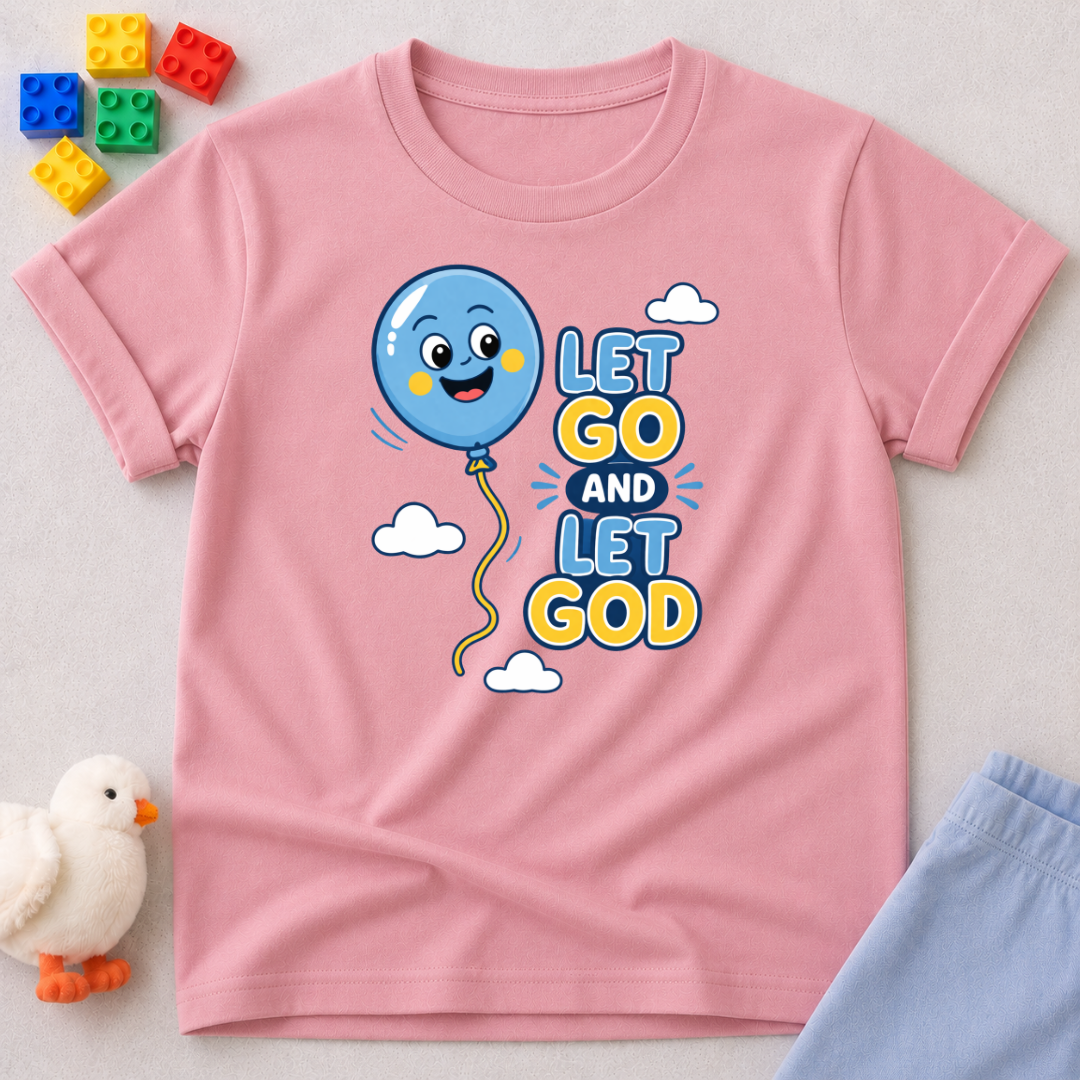 Trust God And Be Free Christian kids shirt in Pink featuring balloon artwork and faith message