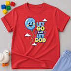 Trust God And Be Free Christian kids shirt in Red featuring balloon artwork and faith message