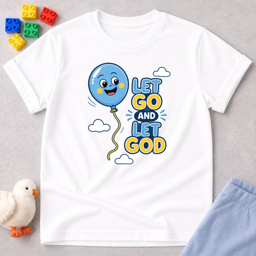 Trust God And Be Free Christian kids shirt in White featuring balloon artwork and faith message