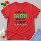 Walk By Faith Not By Sight Christian kids shirt in Red featuring walk by faith not by sight scripture-inspired design