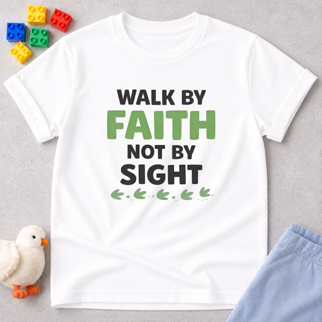 Walk By Faith Not By Sight Christian kids shirt in White featuring walk by faith not by sight scripture-inspired design