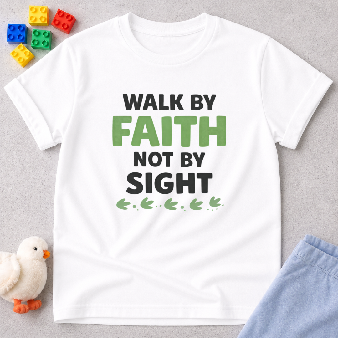 Walk By Faith Not By Sight Christian kids shirt in White featuring walk by faith not by sight scripture-inspired design