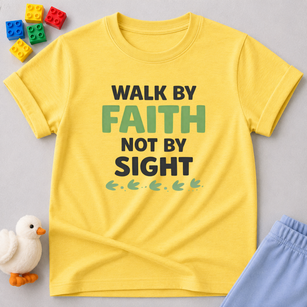 Walk By Faith Not By Sight Christian kids shirt in Yellow featuring walk by faith not by sight scripture-inspired design