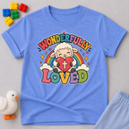 Wonderfully Loved Christian kids shirt in blue featuring a smiling lamb with a rainbow and heart
