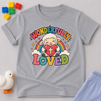 Wonderfully Loved Christian kids shirt in gray featuring a smiling lamb with a rainbow and heart
