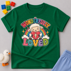 Wonderfully Loved Christian kids shirt in green featuring a smiling lamb with a rainbow and heart
