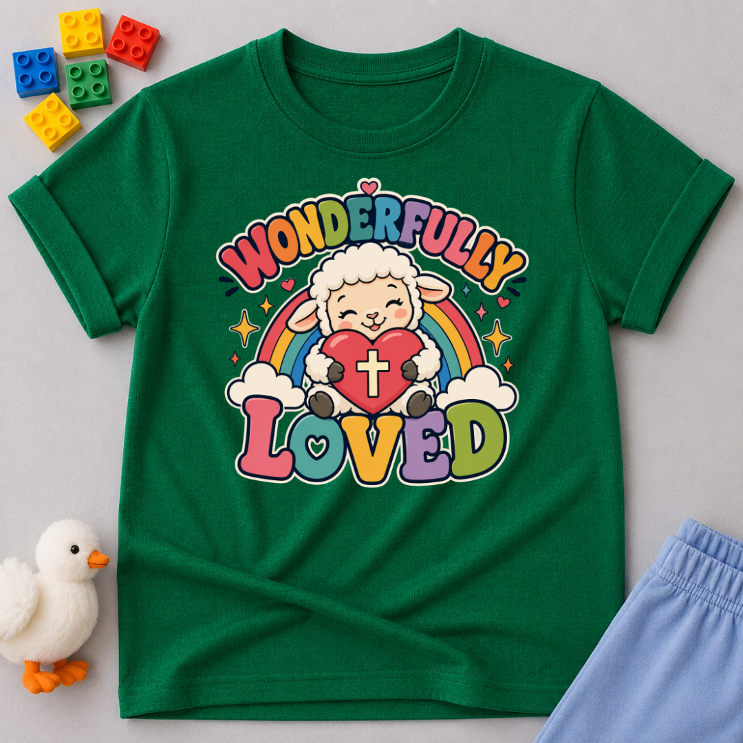 Wonderfully Loved Christian kids shirt in green featuring a smiling lamb with a rainbow and heart
