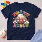 Wonderfully Loved Christian kids shirt in navy featuring a smiling lamb with a rainbow and heart
