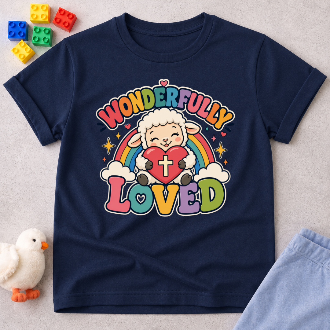 Wonderfully Loved Christian kids shirt in navy featuring a smiling lamb with a rainbow and heart
