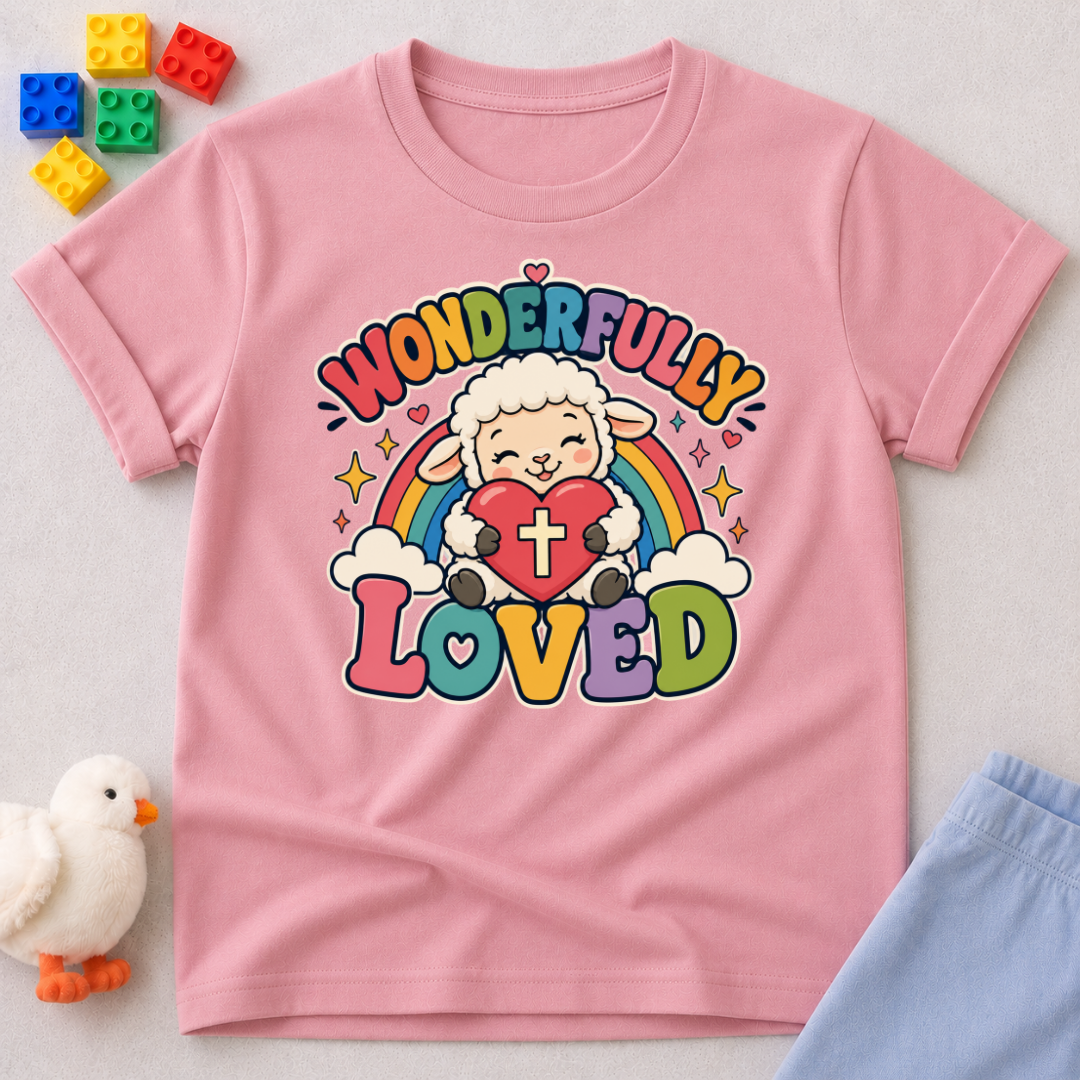 Wonderfully Loved Christian kids shirt in pink featuring a smiling lamb with a rainbow and heart
