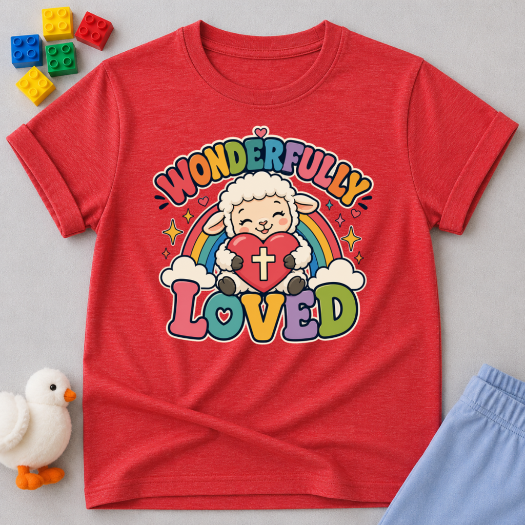 Wonderfully Loved Christian kids shirt in red featuring a smiling lamb with a rainbow and heart
