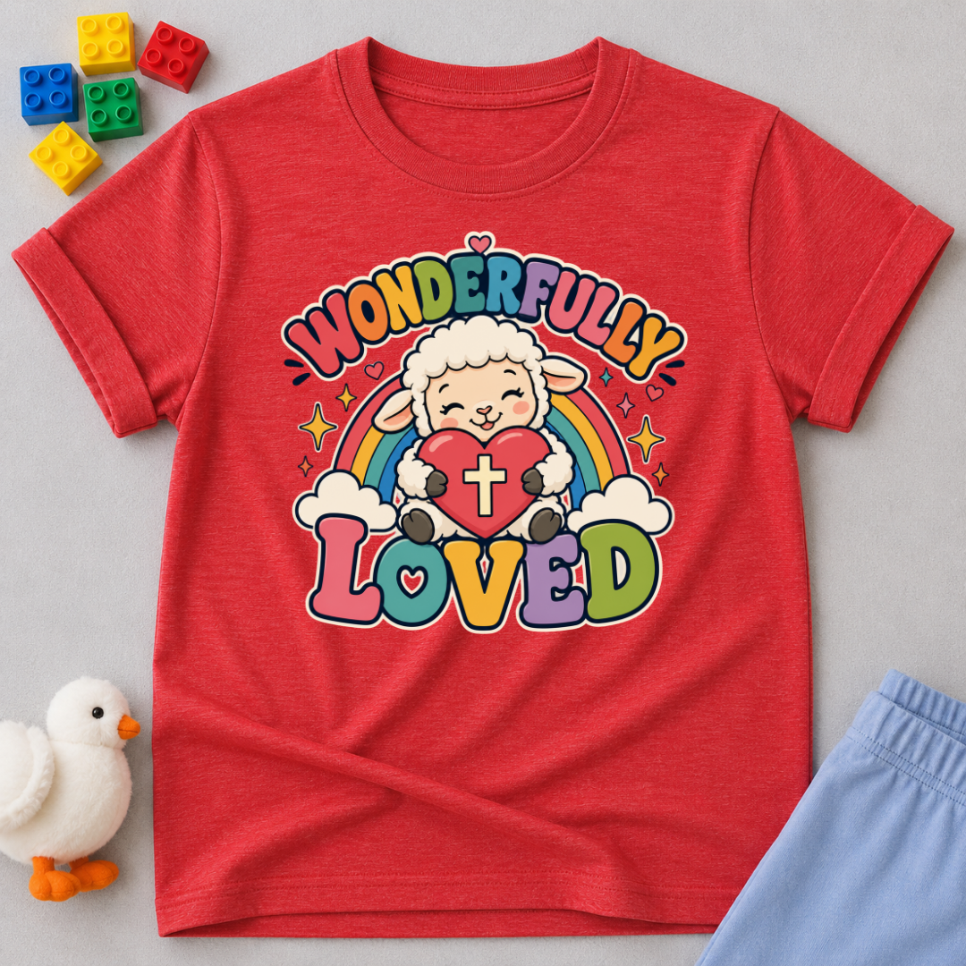 Wonderfully Loved Christian kids shirt in red featuring a smiling lamb with a rainbow and heart
