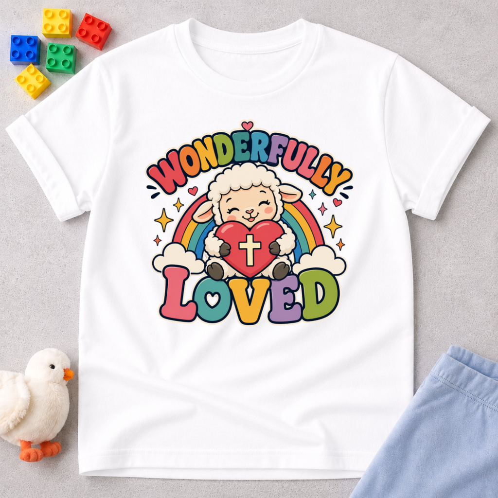 Wonderfully Loved Christian kids shirt in white featuring a smiling lamb with a rainbow and heart
