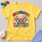 Wonderfully Loved Christian kids shirt in yellow featuring a smiling lamb with a rainbow and heart
