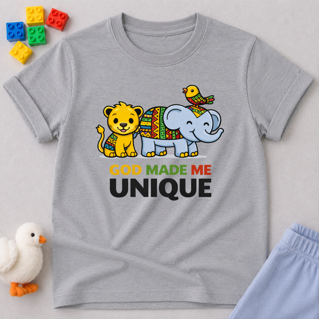 Wonderfully Made And Unique Christian kids shirt in Gray featuring playful animals and a biblical identity message