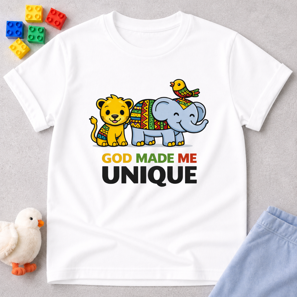 Wonderfully Made And Unique Christian kids shirt in White featuring playful animals and a biblical identity message
