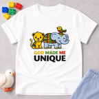 Wonderfully Made And Unique Christian kids shirt in White featuring playful animals and a biblical identity message