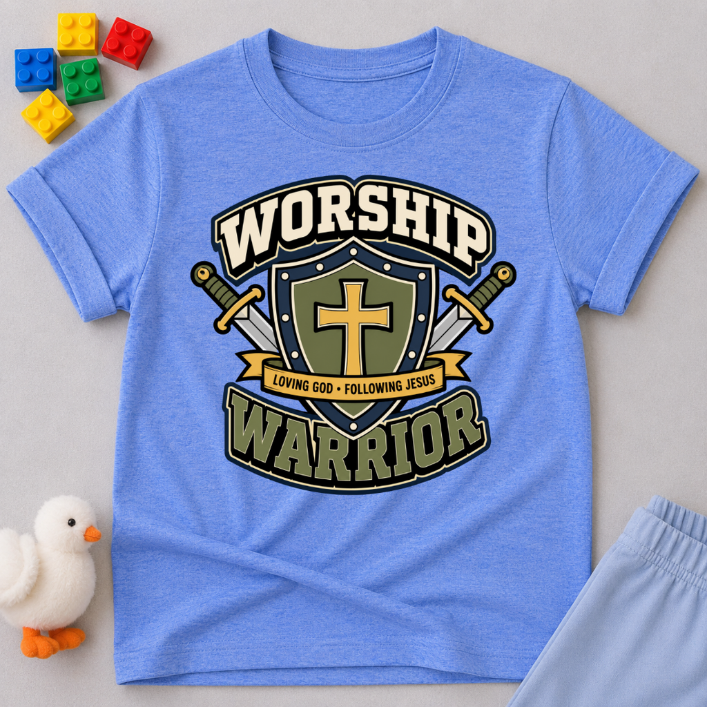 Worship Warrior Shield Christian kids shirt in blue featuring a cross shield and swords
