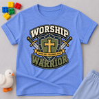 Worship Warrior Shield Christian kids shirt in blue featuring a cross shield and swords
