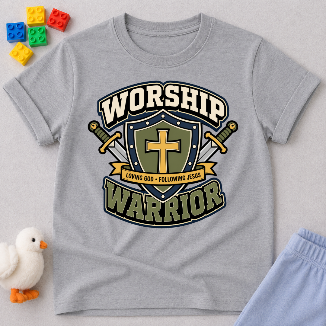Worship Warrior Shield Christian kids shirt in gray featuring a cross shield and swords
