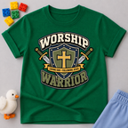Worship Warrior Shield Christian kids shirt in green featuring a cross shield and swords
