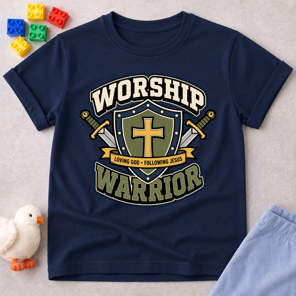 Worship Warrior Shield Christian kids shirt in navy featuring a cross shield and swords
