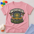 Worship Warrior Shield Christian kids shirt in pink featuring a cross shield and swords
