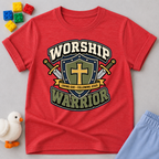 Worship Warrior Shield Christian kids shirt in red featuring a cross shield and swords
