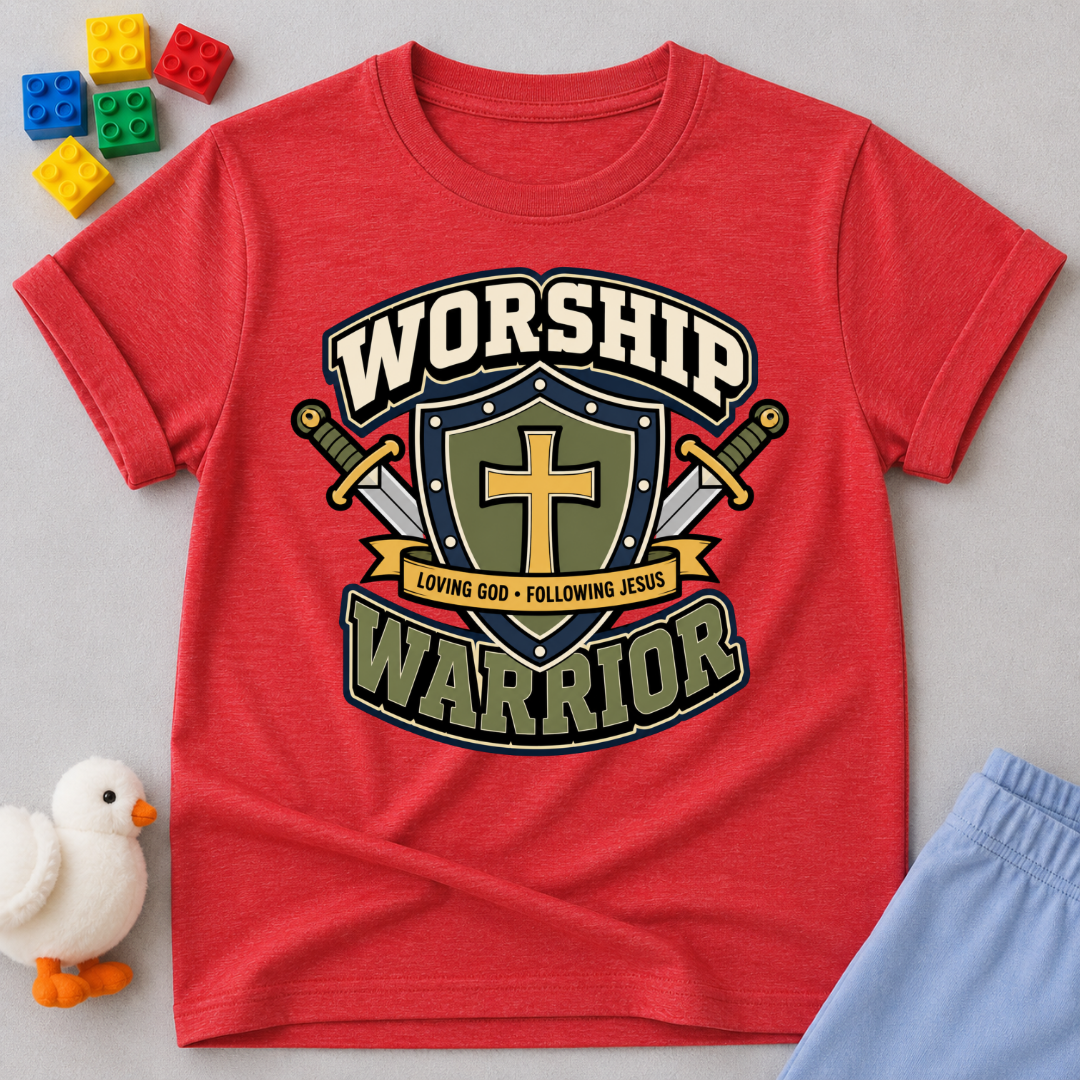 Worship Warrior Shield Christian kids shirt in red featuring a cross shield and swords
