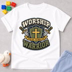 Worship Warrior Shield Christian kids shirt in white featuring a cross shield and swords

