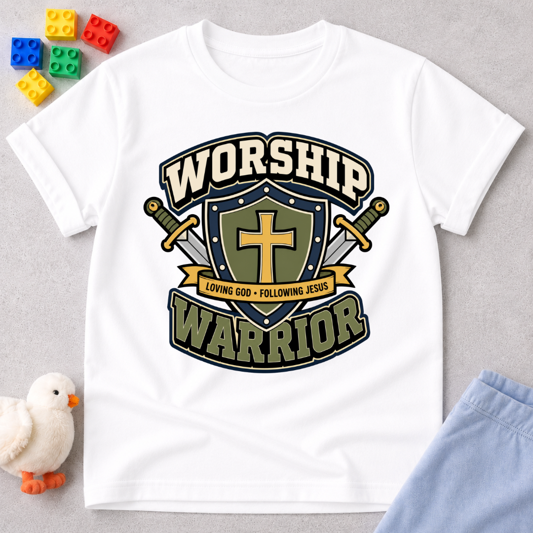 Worship Warrior Shield Christian kids shirt in white featuring a cross shield and swords
