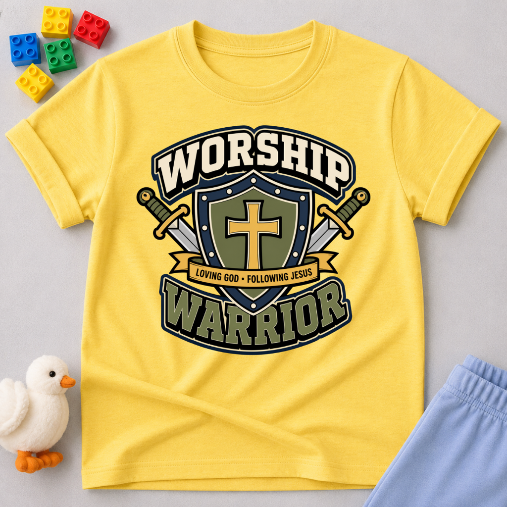 Worship Warrior Shield Christian kids shirt in yellow featuring a cross shield and swords
