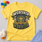 Worship Warrior Shield Christian kids shirt in yellow featuring a cross shield and swords
