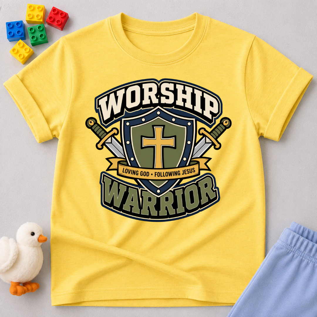 Worship Warrior Shield Christian kids shirt in yellow featuring a cross shield and swords

