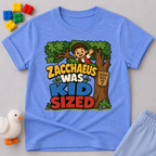 Zacchaeus Was Kid Sized Christian kids shirt in blue  featuring Zacchaeus in a tree
