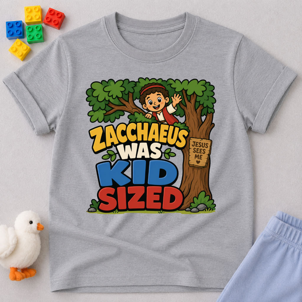 Zacchaeus Was Kid Sized Christian kids shirt in gray featuring Zacchaeus in a tree
