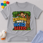 Zacchaeus Was Kid Sized Christian kids shirt in gray featuring Zacchaeus in a tree

