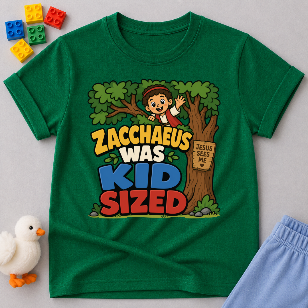 Zacchaeus Was Kid Sized Christian kids shirt in green featuring Zacchaeus in a tree
