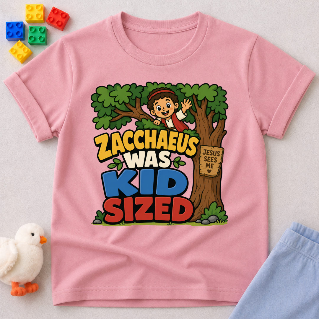 Zacchaeus Was Kid Sized Christian kids shirt in pink featuring Zacchaeus in a tree
