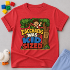 Zacchaeus Was Kid Sized Christian kids shirt in red featuring Zacchaeus in a tree

