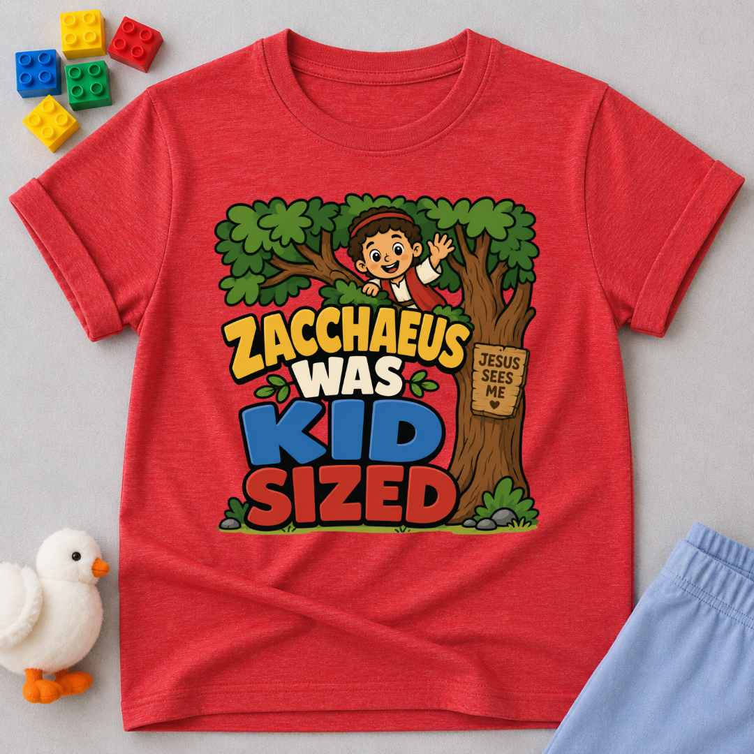 Zacchaeus Was Kid Sized Christian kids shirt in red featuring Zacchaeus in a tree
