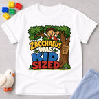 Zacchaeus Was Kid Sized Christian kids shirt in white featuring Zacchaeus in a tree
