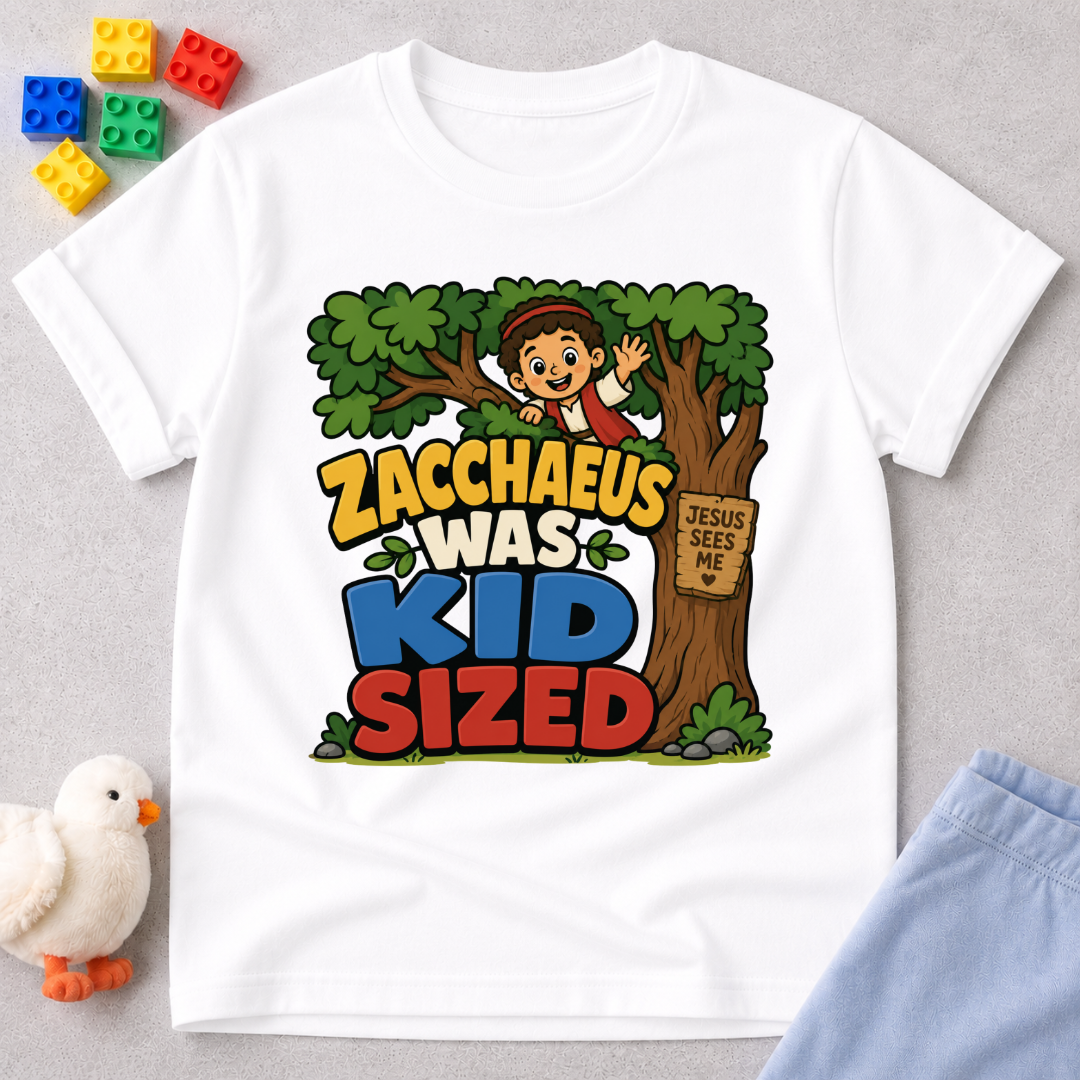 Zacchaeus Was Kid Sized Christian kids shirt in white featuring Zacchaeus in a tree
