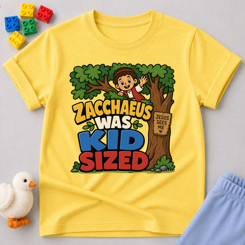 Zacchaeus Was Kid Sized Christian kids shirt in yellow featuring Zacchaeus in a tree
