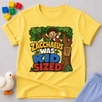 Zacchaeus Was Kid Sized Christian kids shirt in yellow featuring Zacchaeus in a tree
